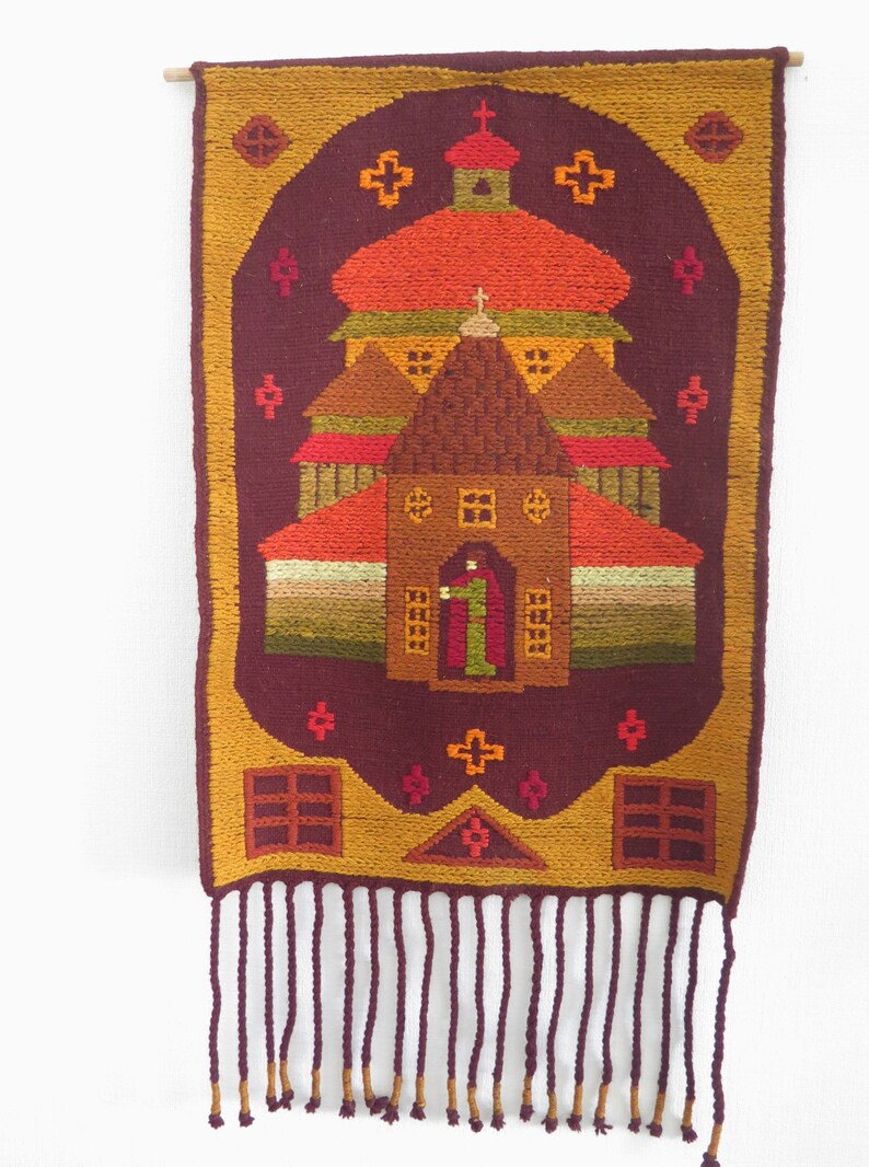 Vintage Wool Woven Wall Decor Vintage Wall Hanging Castle Church Decor with Long Fringe Tapestry 3-17 image 2