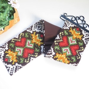 Embroidered Wall Decor Red Green Ornamented Hearts Vintage Sweden Handmade Scandinavian Wall Hanging Decor #3-52-2