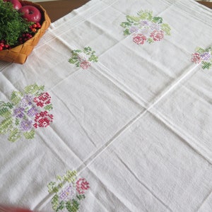 Embroidered Table Cloth Floral, Cross Stitch Table Decor Scandinavian Vintage Handmade Textiles #4-55-9