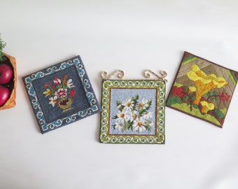 Embroidered Wall Hanging Vintage Swedish Embroidery, Flowers, Mushrooms, Handmade Scandinavian Wall Decor #4-75-45