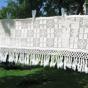 Crochet Valance with Fringe, Geometric Pattern Hand Crochet Beige Window Curtain Vintage Scandinavian (2 avail.) #4-50-18