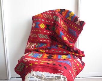 Woven Red Wool Throw Ornamented Hippie Boho Throw Hand Woven Chair Sofa Cover Red Blue Yellow #3-02AA