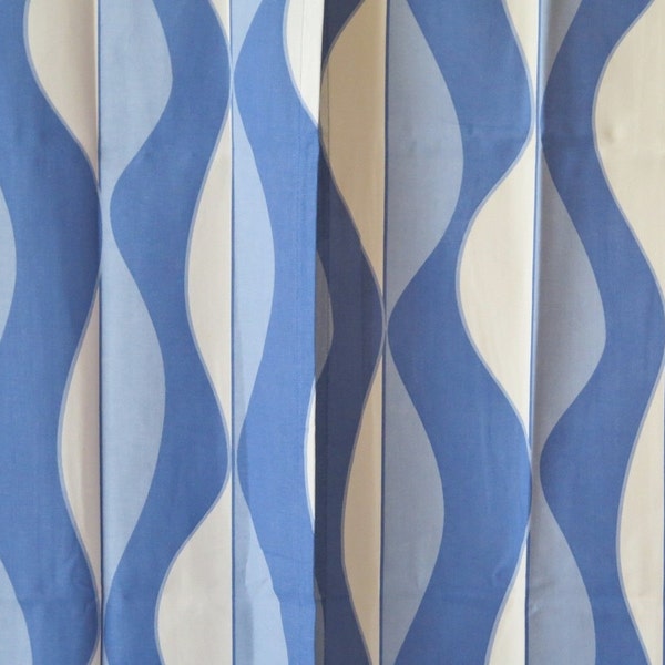 Set of 2 Scandinavian Cotton Long Curtain Panels / Fabric, each: 218 x 40,5 cm / 85,8'' x 15,9'' Blue White Wave Fabric Upholstery #2-17