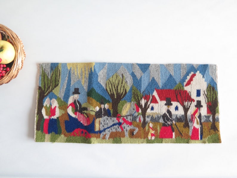 Hand Woven Wall Hanging, Wall Decor Tapestry Vintage Scandinavian Wall Art Summer Scene On The Way to Church 4-33-21 image 1