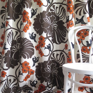Long Curtains, Brown Orange Flowers, Set of 2 Vintage Heavy Thick Cotton Curtains #5-18-25