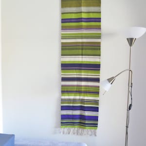 Vintage Finnish Wool Hand Woven Art Decor Raanu Wall Hanging Large Long Decor Scandinavian Home Interior Green Purple Striped #3-30