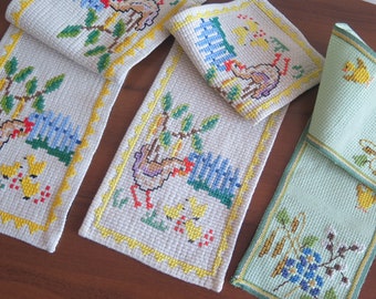 Easter Table Cloth, Vintage Embroidered Table Napkin, Handmade Easter Spring Table Runner #5-17-23