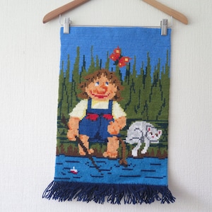 Wall Embroidery Troll Fishing Cat Wall Hanging, Handmade Swedish Wall Art, Kids Room Hanging #4-47-27