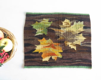 Woven Wool Decor w Leaves Vintage Swedish Tapestry Flamsk Flemish Handwoven Decor Scandinavian #4-33-7