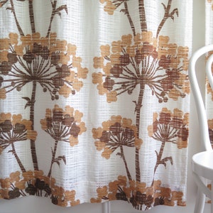 Curtains Set of 2, White Brown Net Curtains, Vintage Swedish Botanical Semi Sheer Curtains #5-35-23