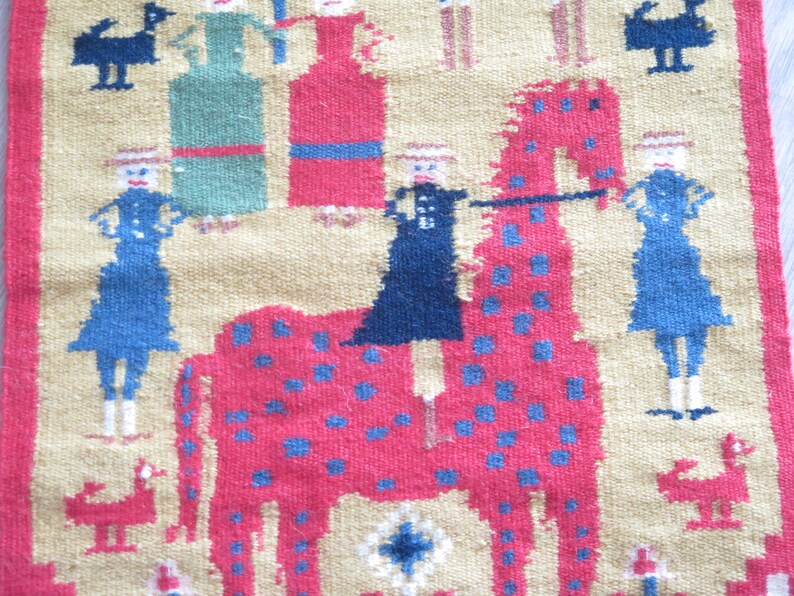 Woven Wool Decor Red Horse People Swedish Vintage Tapestry Handwoven Decor Scandinavian #3-55-8