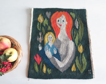 Swedish Woven Folk Art Wall Decor Flemish Flamsk Tapestry Mother Child, Vintage Scandinavian Home Interior Fiber Art #4-33-18