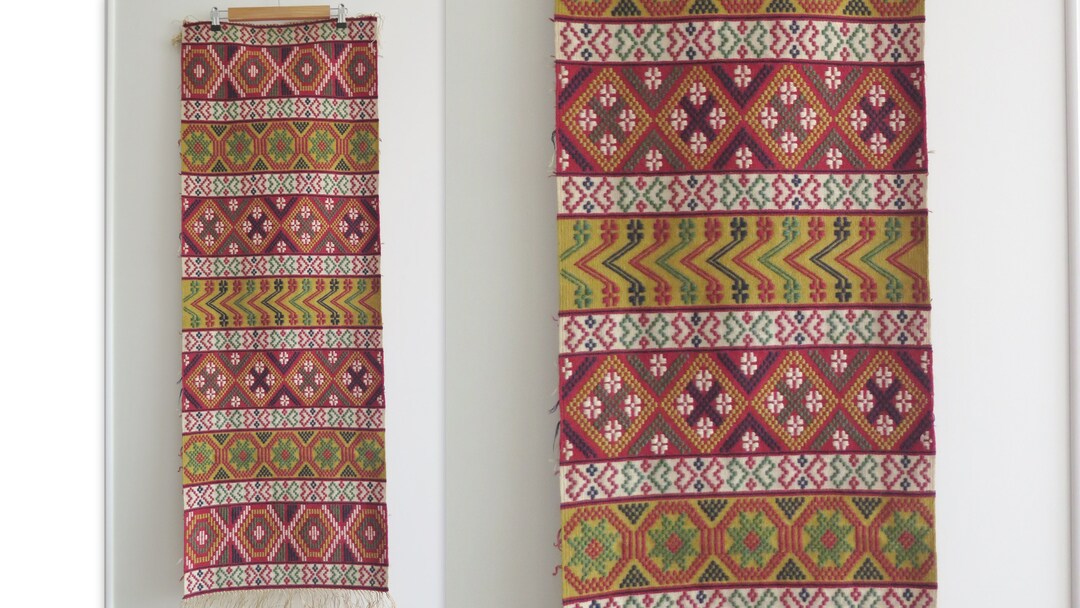Woven Wall Decor Folk Ornamented Decorative Throw Green Red Nordic Wool ...