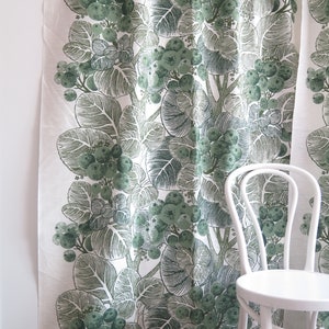 Green Curtains, Set of 2, White Green Plants Berries Botanical Woven Curtains, Vintage Swedish Scandinavian #5-08-17