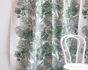 Green Curtains, Set of 2, White Green Plants Berries Botanical Woven Curtains, Vintage Swedish Scandinavian #5-08-17