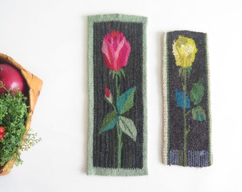 Woven Folk Art Wall Decor w Roses, Set of 2 Vintage Swedish Flemish Flamsk Tapestry vintage Scandinavian Home Interior Fiber Art #4-42-32