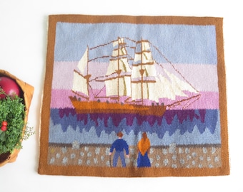 Woven Art Flemish Flamsk Tapestry Abstract Vintage Scandinavian Swedish Home Interior Fiber Ship Sailboat Sea Couple #4-42-22