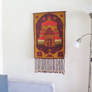 Vintage Wool Woven Wall Decor Vintage Wall Hanging Castle Church Decor with Long Fringe Tapestry 3-17 image 3