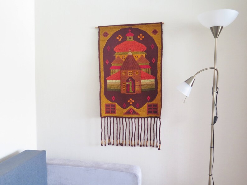 Vintage Wool Woven Wall Decor Vintage Wall Hanging Castle Church Decor with Long Fringe Tapestry 3-17 image 3