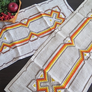 Embroidered Table Cloths Set of 2, Swedish Embroidery Scandinavian Vintage Orange Yellow Geometrical Table Toppers #5-37-5