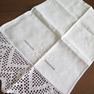 Decorative Cotton Towel with Floral Embroidery and Crochet Trim, Swedish Vintage Handmade #4-65-6