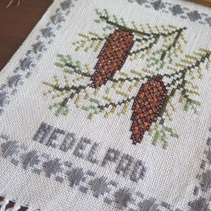 Embroidered Wall Hanging, Cross Stitch, Pine Cones, Pink Flowers, Vintage Swedish Scandinavian Wall Decor 4-69-40/41 image 3