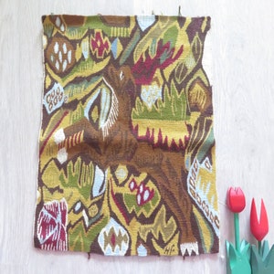 Vintage Swedish Woven Wool Decor Tapestry Flamsk Flemish Handwoven Decor Abstract Deer Flowers Scandinavian #3-61-7