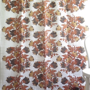 Long Curtain Single Panel, White Brown Leaves Flowers Botanical Vintage Swedish Curtain #4-66-4
