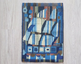 Woven Art Flemish Tapestry Viking Ship, Sailboat, Old Ship, Abstract Vintage Handmade Scandinavian Swedish #4-72-43