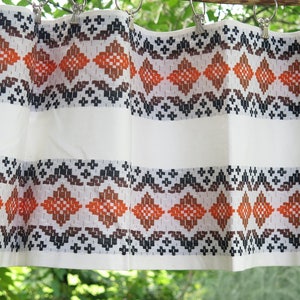 Set of 2 Vintage Cotton Woven Window Valance, each: 185 x 37 cm / 72,8 x 14,5 inch, White Brown Orange Ornamented Valance Scandinavian #3-06