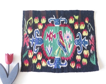 Vintage Swedish Woven Folk Art Wall Decor Flemish Flamsk Tapestry Red Blue Black Flowers Bird Vintage Scandinavian Interior #4-16-25