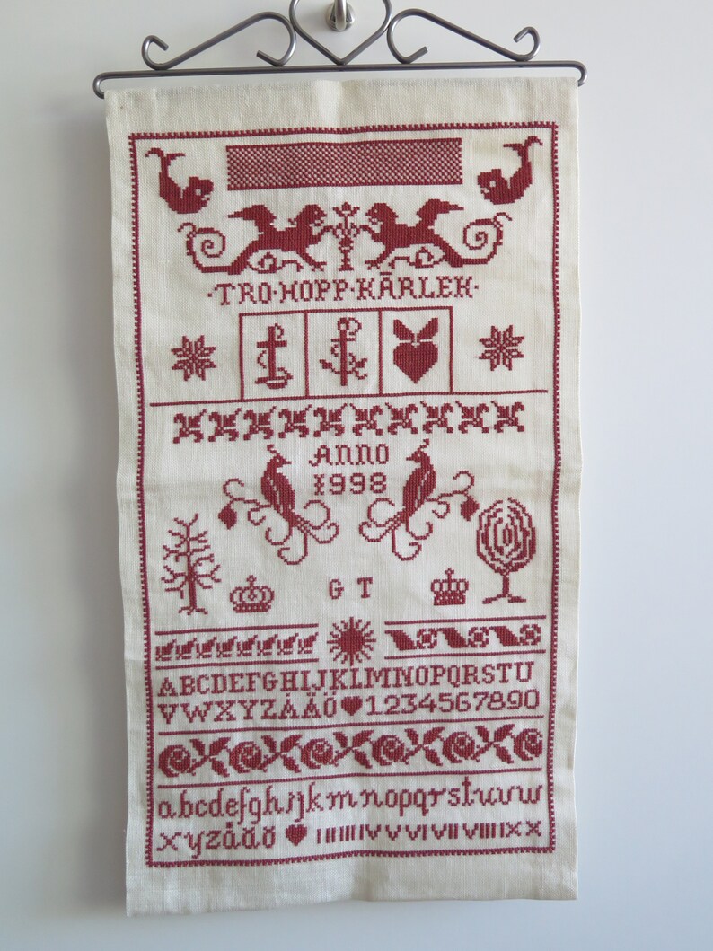 Embroidered Wall Decor Wall Hanging, Detailed Alphabet Embroidery Handmade Decor Vintage Swedish 4-69-32 image 2