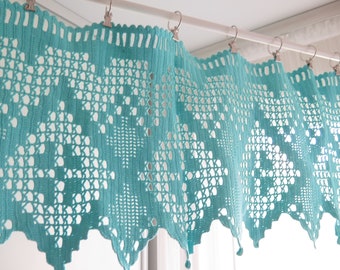 Crochet valance Curtain Turquoise Vintage Swedish Crocheted Handmade Curtain #4-65-5