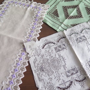 Embroidered Small Table Cloth Set of 3, Hardanger Embroidery, Scandinavian Vintage Textiles Doily Table Decor Pulled Thread Napkin #4-75-7