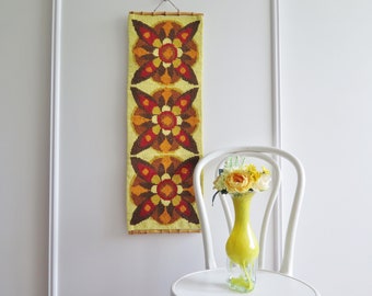 Embroidered Wall Decor, Brown Red Yellow Floral Decor Sweden Handmade Scandinavian Vintage Wall Hanging #5-27-15