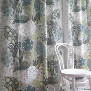 Green Floral Vintage Curtains, Set of 2, Gray Green Flowers Woven Semi Sheer Curtains Scandinavian #5-36-2