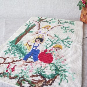 Embroidered Wall Decor Boy Girl Guardian Angel Handmade Vintage Embroidery Wall Hanging 3-10 image 4