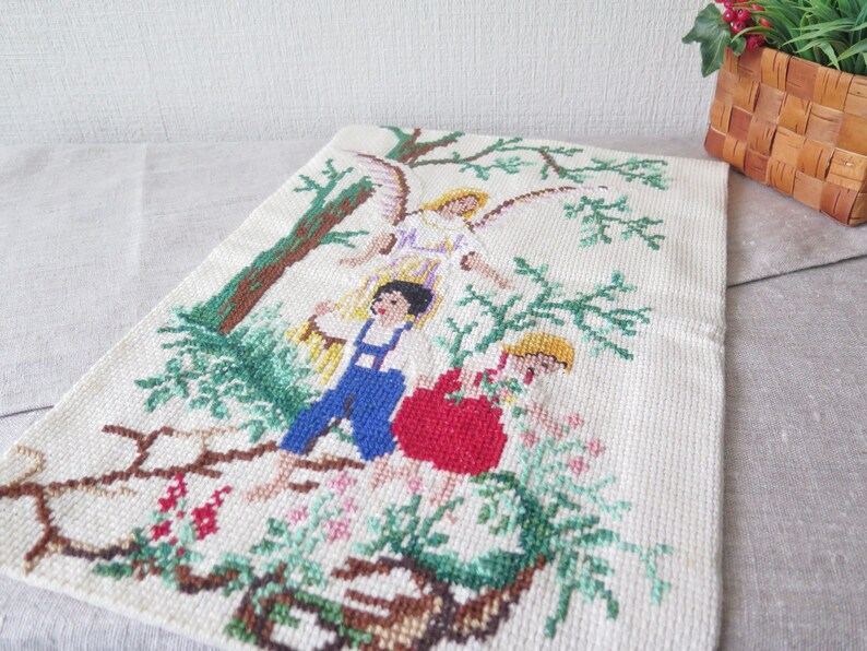 Embroidered Wall Decor Boy Girl Guardian Angel Handmade Vintage Embroidery Wall Hanging 3-10 image 4