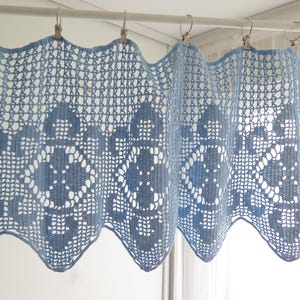 Crochet valance Curtain Blue, Vintage Swedish Crocheted Handmade Curtain #5-40-12