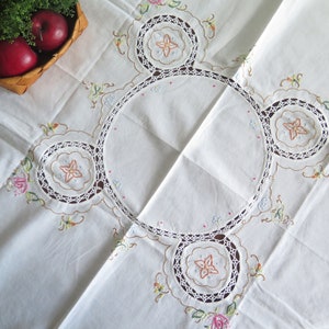 Embroidered Table Cloth White Pink Green Floral Handmade Vintage Scandinavian #4-75-31