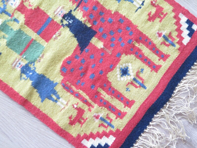 Woven Wool Decor Red Horse People Swedish Vintage Tapestry Handwoven Decor Scandinavian #3-55-8
