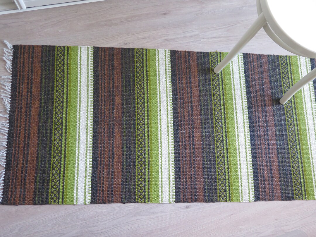 Woven Thread Rug Woven Rug Rag, Vintage Plastic Thread Green Brown Striped Floor Runner ...