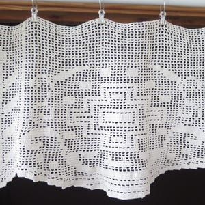Crochet Valance, Handmade Cream Ornamented Crochet Curtain, Vintage Scandinavian #5-29-20