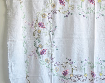 刺繍入りテーブルクロス、白地にカラフルな花、レーストリム付き
