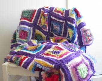 Large Knitted Blanket Throw Vintage Handmade Throw, 237 x 250 cm / 93.3 x 98.4 in, Blanket Purple Colorful Hippy Granny Squares #4-69-53