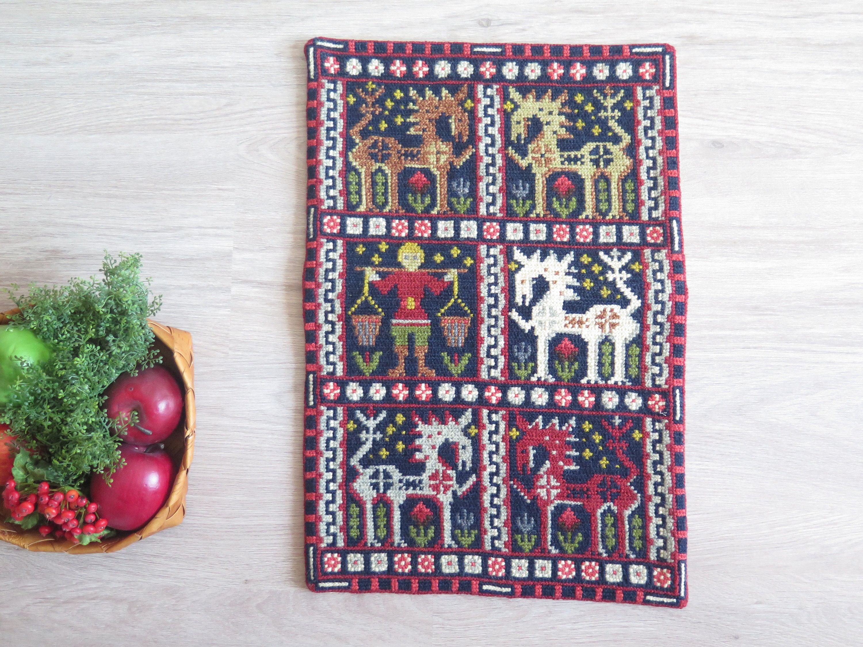 Twist Stitch Ornamented Vintage Swedish Folk Art Embroidered Wall Decor, Scandinavian Handmade Vintage Hanging #5-07-6