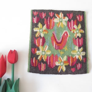 Vintage Woven Decor Unframed Hand woven Decor Pink Flowers Bird Scandinavian Vintage Flamsk Flemish Floral Decor #4-09-43