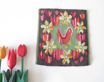 Vintage Woven Decor Unframed Hand woven Decor Pink Flowers Bird Scandinavian Vintage Flamsk Flemish Floral Decor #4-09-43