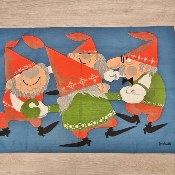 Vintage Printed Dancing Gnomes Wall Hanging Decor by JANNE MARTIN, Swedish Scandinavian Home Interior #5-04-49