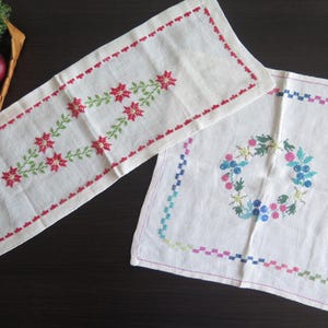 Embroidered Small Table Cloths, Set of 2 Floral Table Toppers, Hand Embroidery, Scandinavian Vintage Handmade Textiles #5-37-6